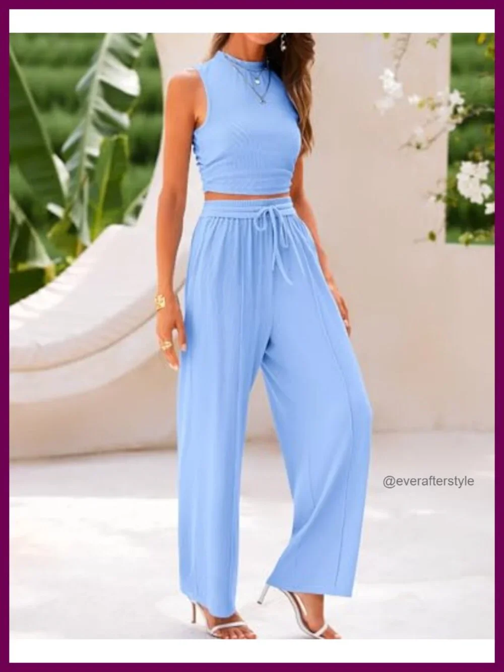 Ribbed Knit 2 Piece Outfit Lounge Matching Set Women Travel Crop Top Wide Leg